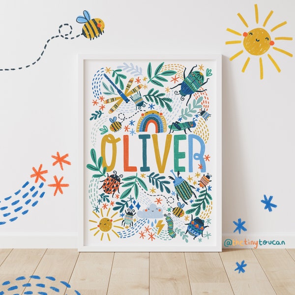 NAAM KEVER A4/A3 AFDRUKKEN - Bug naam kunst - kinderkamer kunst aan de muur - coole kinderkunst - kinderkamer naam kunst