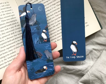 Puffins and Seal bookmark. Night Sky, Ocean, Fish, Seaside, With or without tassel-  Book worm gift
