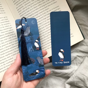 Puffins and Seal bookmark. Night Sky, Ocean, Fish, Seaside, With or without tassel-  Book worm gift