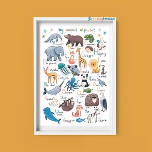 Animal Alfabeto Print. ABECEDARIO. A4/A3 Nursery Wall Art. Impresión de arte unisex para niños. Arte infantil neutral en cuanto al género. Regalo Baby Shower. Lindo