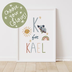 ANIMAL ALPHABET NAME Art personalised Name A4/A3 print. Choose any colours Nursery Wall Art Interior Decor image 1