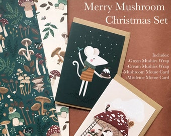 Merry Mushroom Mouse Christmas Wrapping Set- Illustrated Wrapping Paper- Greetings Cards- Fungi- Festive Stationery- Mushroom gift- Bundle