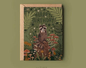 Raccoon Birthday Card- A6 Happy Birthday, Cottagecore, Mushrooms, Woodland, Matte extra thick recycled card - Blank Inside - moon and stars