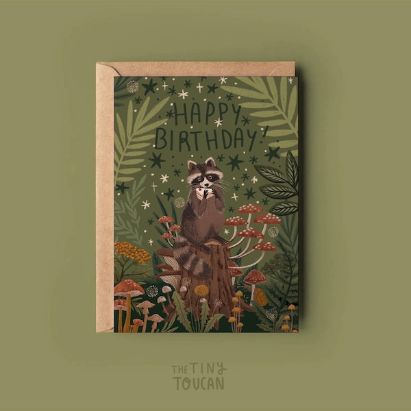 Tarjeta de cumpleaños de mapache - A6 Feliz cumpleaños, Cottagecore, Setas, Bosque, Cartulina reciclada extra gruesa mate - Interior en blanco - Luna y estrellas