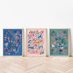 Set of Three pattern prints- A5, A4, A3- Long Dogs, Greyhound, Whippet, Lurcher, Moths and Tropical Fish- Boho Decor- Colourful Home Decor