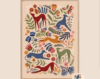 Long Dog Floral Fine Art Print- Greyhound Whippet Lurcher Art- A5, A4, A3- Interior Decor- Plastic free, sustainable gifting-