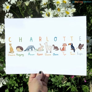 CUSTOM KIDS NAME A4/A3 art print. Nursery Wall Art- Animal Alphabet- Animal Names- Interior Decor