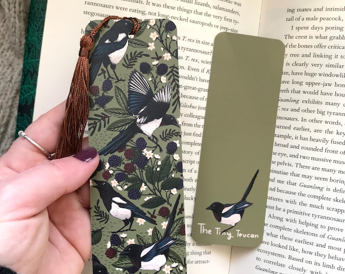 Magpies and Blackberries bookmark. Bullrushes, With or without tassel-  Book worm gift- Book lover-  Pretty Stationery