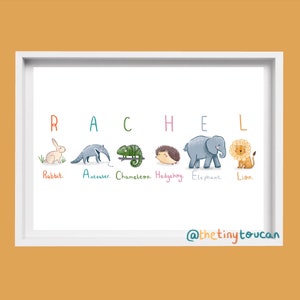 NAME ANIMAL PRINT A4/A3- Kids Name Art- Nursery Wall Art- Name Illustration- Animal Name Art