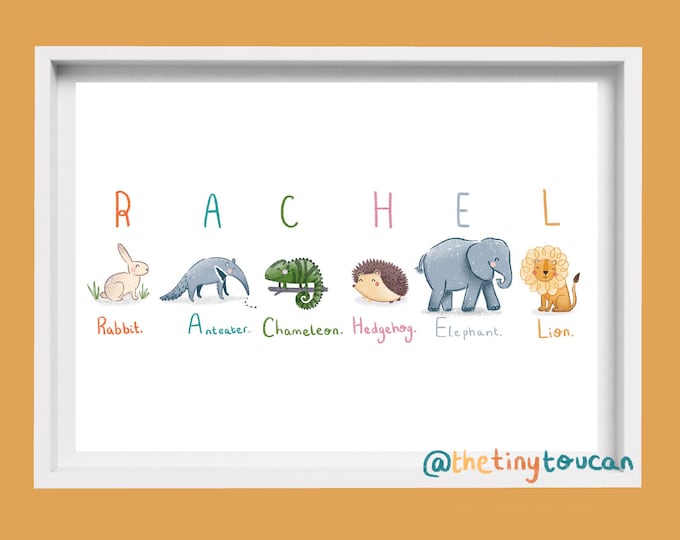 NAME ANIMAL PRINT A4/A3- Kids Name Art- Nursery Wall Art- Name Illustration- Animal Name Art