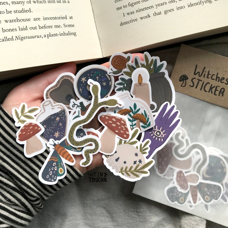May include: A selection of witch-themed stickers with illustrations of mushrooms, snakes, candles, potion bottles, and a hand with an eye. The stickers are held in a hand. A small brown card reads "Witches STICKER".
