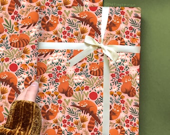 Pink Red Pandas Wrap- (A2+ Folded Sheet) Illustrated Red Pandas a floral wrapping paper-  Pretty Stationery- Gift Wrap- sustainable