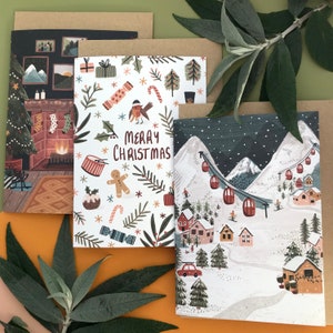 3er Set gemütliche Weihnachtskarten - A6 Multipack, matte, dicke Recycling-Karte - innen leer - entworfen und hergestellt in Großbritannien - plastikfrei