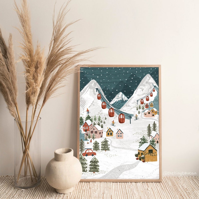 Snowy Ski Scene Fine Art Print, Christmas Decor, Christmas Art Print, Christmas Decor image 1