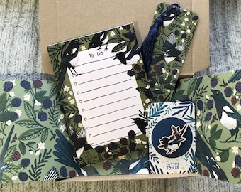 Magpies and Blackberries Gift Box-  Illustrated mushroom stationery gift box- British Birds- Notepad- Pin bookmark- book lover- Cottagecore