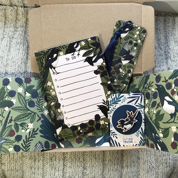 Magpies and Blackberries Gift Box-  Illustrated mushroom stationery gift box- British Birds- Notepad- Pin bookmark- book lover- Cottagecore