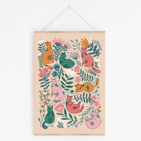 Cats Fine Art Print- A5, A4, A3- Interior Decor- Plastic free, sustainable gifting- Floral wall art- Maximal Decor