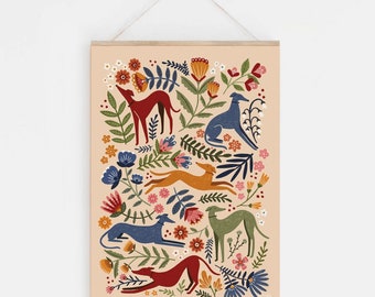 Stampa artistica floreale con cane lungo - Levriero Whippet Lurcher Art - A5, A4, A3 - Decorazione d'interni - Regalo sostenibile e senza plastica -