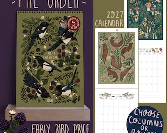 PRE-ORDER* 2027 Calendar A4 Illustrated Wall calendar. Cottagecore. Mushrooms. Frogs. Otter. Red Panda. Magpies. Mon-Sun organisation