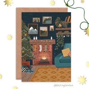 Carte de Noël confortable pour salon- A6, cheminée, Noël coloré- Contemporain- Noël mignon- Carte recyclée épaisse mate- Respectueux de l'environnement