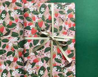 Strawberry Birds Gift Wrap- (A2+ Folded Sheet) illustrated wrapping paper- Pretty Stationery- Gift Wrap- sustainable stationery