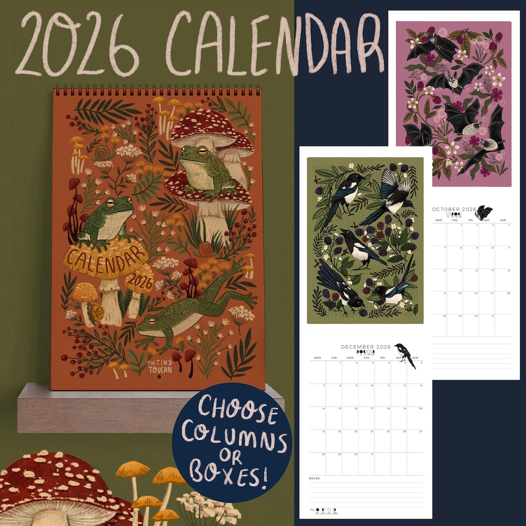 2026 Calendar A4 Illustrated Wall Calendar. Cottagecore. Mushrooms ...