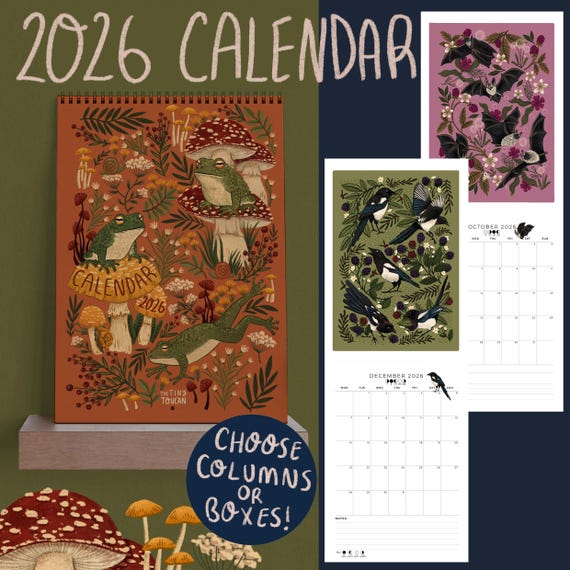 2026 Calendar A4 Illustrated Wall calendar. Cottagecore. Mushrooms. Frogs. Family Calendar. Magpies. Capybara. Mon-Sun organisation handmade