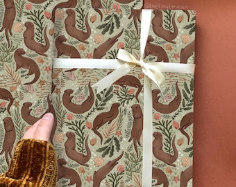 Otters and Shells Wrap- (A2+ Folded Sheet) British Wildlife illustrated wrapping paper-  Pretty Stationery- Gift Wrap- sustainable