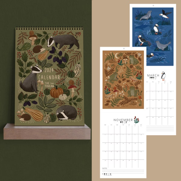 2024 Calendar- A4 Illustrated Wall calendar. Cottagecore. Mushrooms. 12 month planner. Family Calendar. Desk Organisation.