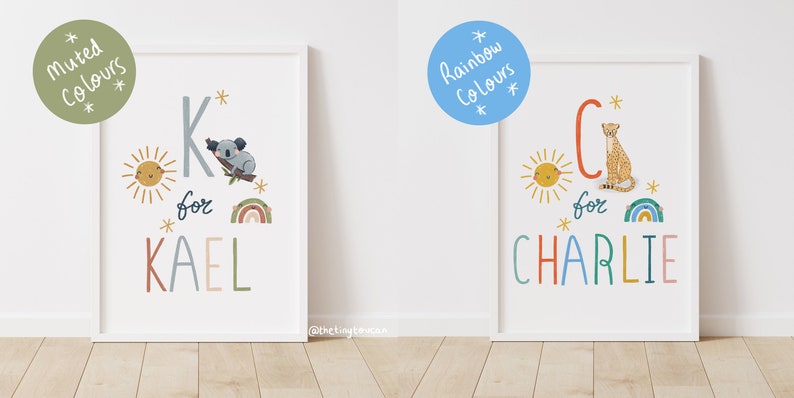 ANIMAL ALPHABET NAME Art personalised Name A4/A3 print. Choose any colours Nursery Wall Art Interior Decor image 3