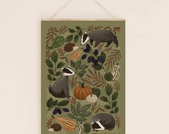 Badgers and Gourds Art Print- A5, A4, A3- Interior Decor- Plastic free, sustainable gift- cottagecore. Frame Not Included