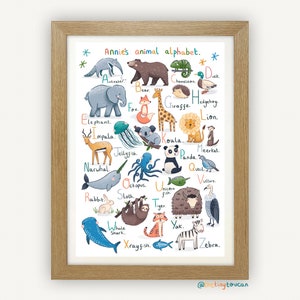NOME PERSONALIZZATO Stampa alfabeto animale. ABC. A4/A3 Nursery Wall Art. Stampa artistica unisex per bambini. Genere neutro Bambini Arte. Regalo Baby Shower. Carino