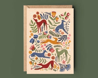 Sighthounds Everyday Card- A6 Happy Birthday, Whippet, Greyhound Matte extra thick recycled card - Blank Inside - folk floral