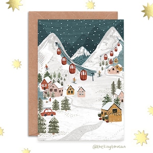 Mountain Ski Scene kerstkaart- A6 of A5, traditionele kerstmis- leuke kerst- mat dikke gerecyclede kaart- milieuvriendelijk