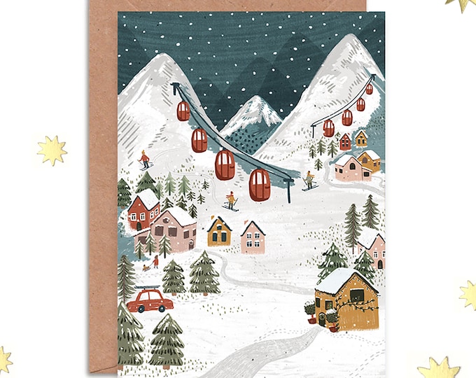 Mountain Ski Scene Christmas Card- A6 or A5, Traditional Christmas Xmas-  Cute Christmas- Matte thick recycled card- Eco Friendly