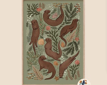 Otters A4 Fine Art Print - Shells, Seaside Art, Woodland Art Country Decor Interior Decor- Sustainable gifting