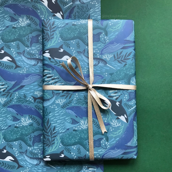 Whales Gift Wrap- (A2+ Folded Sheet) illustrated wrapping paper- Pretty Stationery- Gift Wrap- sustainable stationery