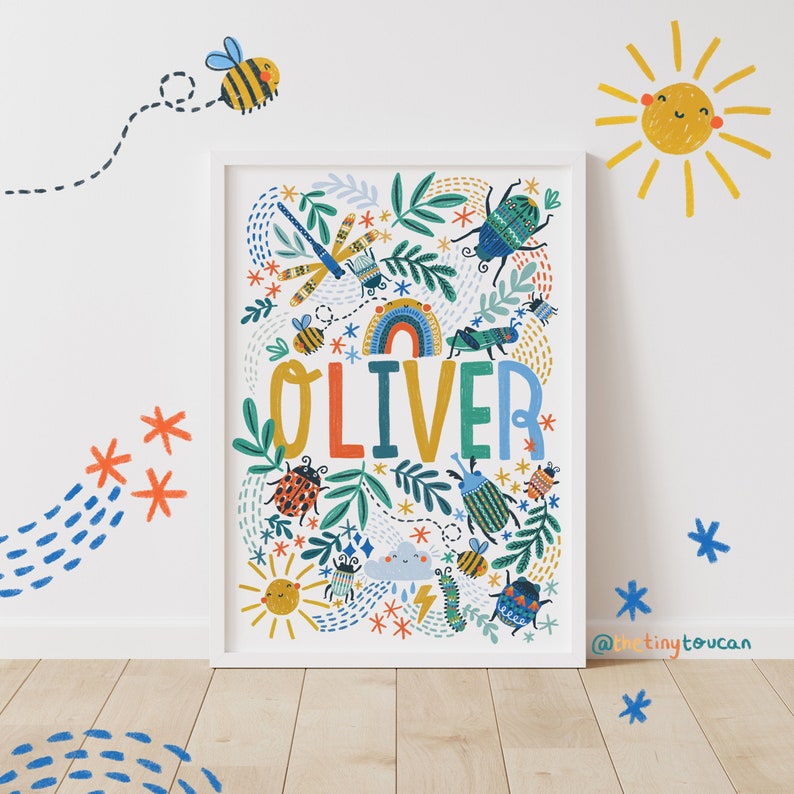 BEETLE NAME A4/A3 PRINT- Bug Name Art- Nursery Wall Art- Cool Kids Art- Kids Bedroom Name Art image 1