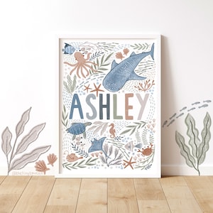 CUSTOM NAME PRINT- Under The Sea- Nursery Decor- Customisable- Ocean Theme Decor- Gender Neutral- Plastic Free