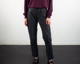 tall high waisted leather look trousers