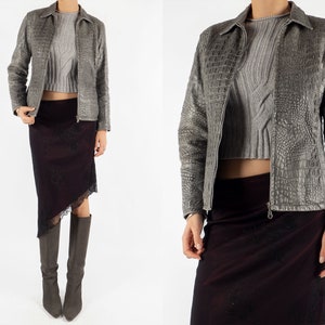 LEATHER EMBOSSED JACKET | vintage secondhand preloved pre-owned gray alligator crocodile zip zipped 90s y2k outerwear coat, size xs s