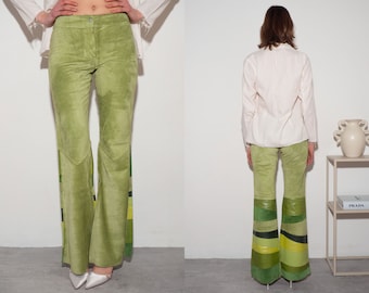 PANTALON EN CUIR FORNARINA | pantalon vintage d'occasion bootcut de l'an 2000 début des années 2000 70 patchwork vert en cuir suédé véritable