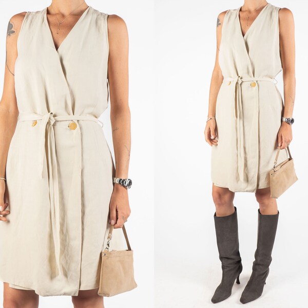 CERRUTI 1881 DRESS | vintage secondhand preloved pre-owned beige viscose linen 90s wrap mini tailored waistcoat sleeveless tie belt dress