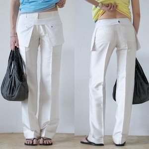 Shantung Seide Hose | Vintage Second Hand Preloved Pre-Owned maßgeschneiderte Low Rise Taille Hose, gerades Bein reine Seide Elfenbein Böden, XS-S