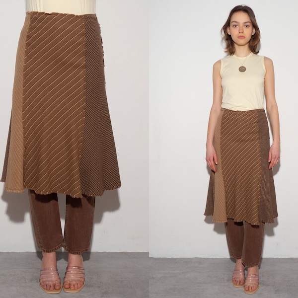 MOSCHINO CAMEL SKIRT | vintage secondhand preloved pre-owned a line genuine camel wool midi skirt with frayed hem, pinstripes and mid rise