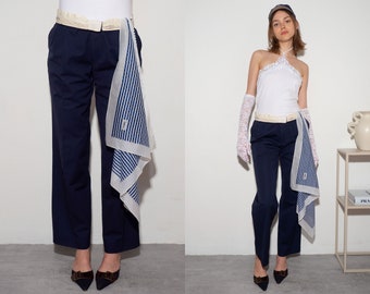 PANTALON PETIT AMI CACHAREL | Pantalon de costume pour homme vintage d'occasion à plis minuit bleu marine, taille repliée unisexe