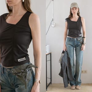 Adidas Asymmetric Top | vintage secondhand preloved pre-owned taupe gray grey rare y2k 2000s fitted tank top with adidas patch xs-s