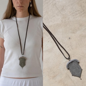 Antique Mesh Purse Necklace (Brown) | reworked upcycled original antique mesh coin silver purse necklace, on suede cord strap, chatelaine