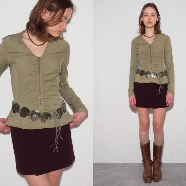 OLIVE ZIP BLOUSE | vintage secondhand preloved pre-owned neutral moss khaki green snug fitted corset bustier 90s y2k corpcore shirt