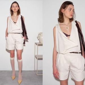 SPORTMAX LINEN PLAYSUIT | vintage secondhand preloved pre-owned ivory cream ecru draped neck open shorts linen jumpsuit tailored minimal